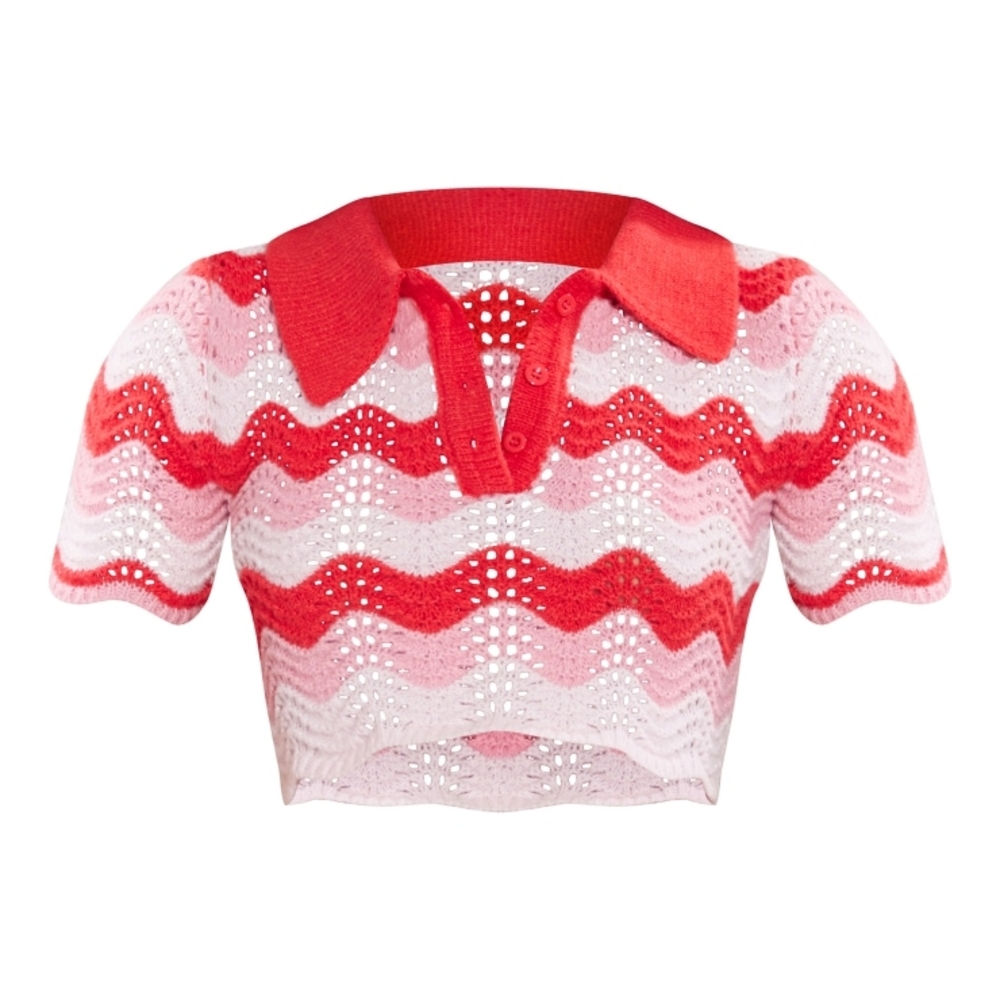 Red and Pink Knit Collared Crop Top
